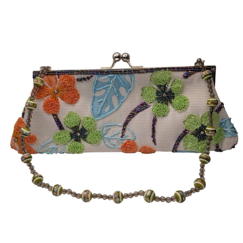 Vintage White Chenille and Beaded Floral Evening Bag Purse